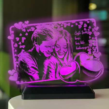 Sevgililer Gününe Özel Kalpli Dikdörtgen 3d Modelli Gece Lambası - Thumbnail