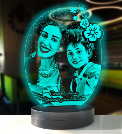 Öğretmenler Günü Kişiye Özel 3D Oval Çiçek Led Gece Lambası - Thumbnail