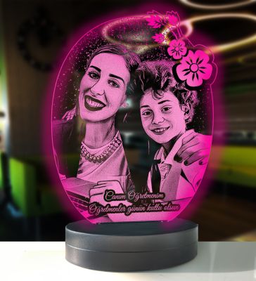 Öğretmenler Günü Kişiye Özel 3D Oval Çiçek Led Gece Lambası