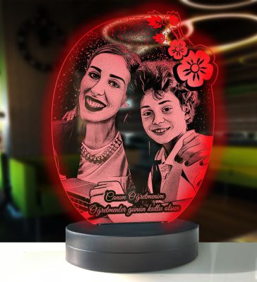 Öğretmenler Günü Kişiye Özel 3D Oval Çiçek Led Gece Lambası