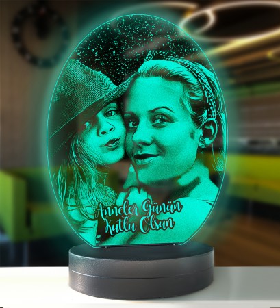 Kişiye Özel Resimli Anneler Gününe Özel Oval 3d Modelli Gece Lambası - Thumbnail