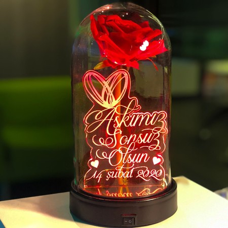 Cam Fanus Aşkımız Sonsuz Olsun Yazılı Lamba Kırmızı Gül - Thumbnail