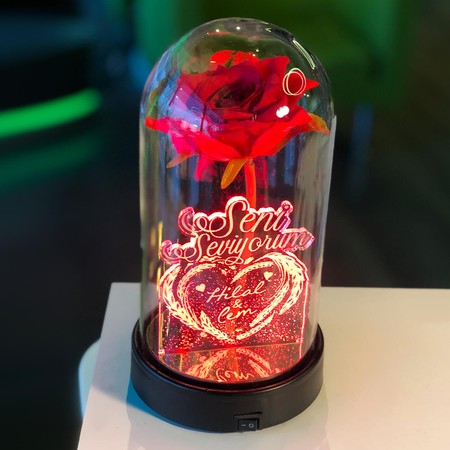 Cam Fanus Seni Seviyorum Yazılı Lamba Kırmızı Gül - Thumbnail