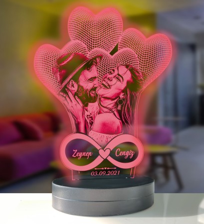 Sevgililer Gününe Özel Kalpli Sonsuzluk Modelli 3D Gece Lambası - Thumbnail